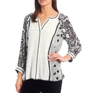 John Mark Womens M Embroidered Black White Lace Boho Office Blouse Flounce Sleve